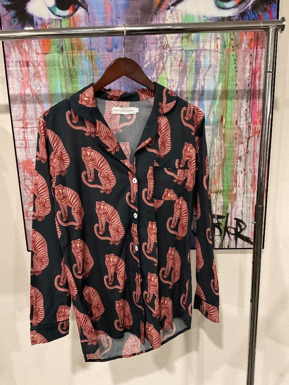 Desmond & Dempsey Sansindo Tiger Print Navy Pink Pajama Top M